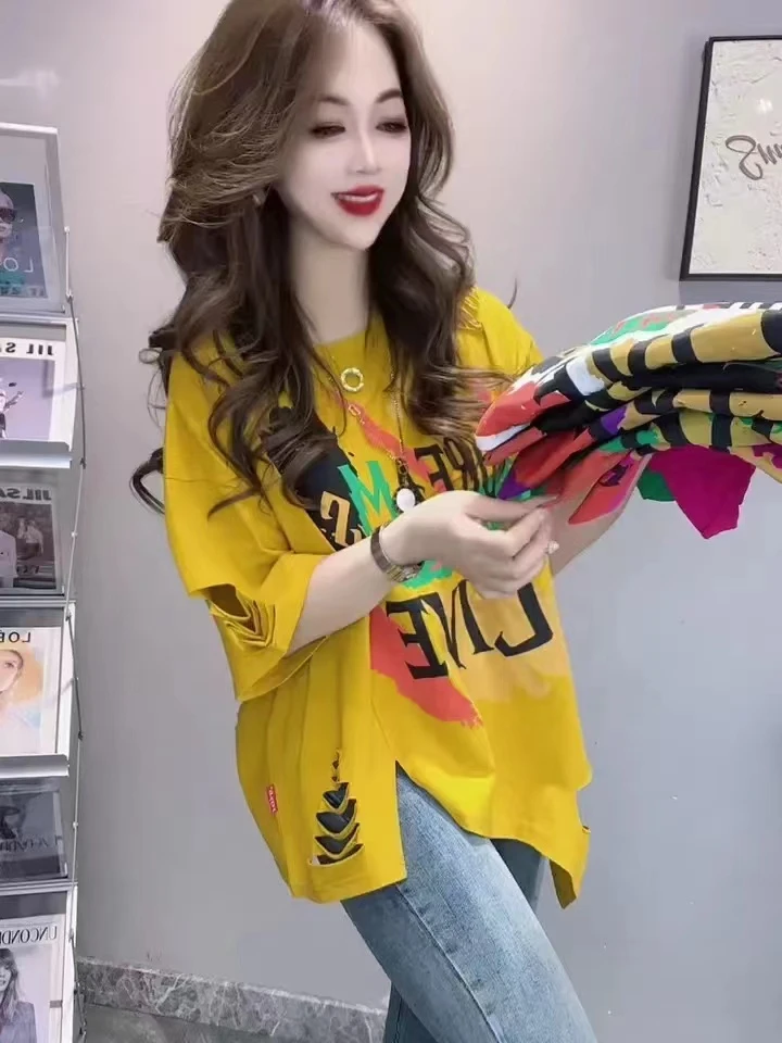 欧洲站2024新款韩版宽松字母印花涂鸦破洞T恤洋气时尚短袖ins