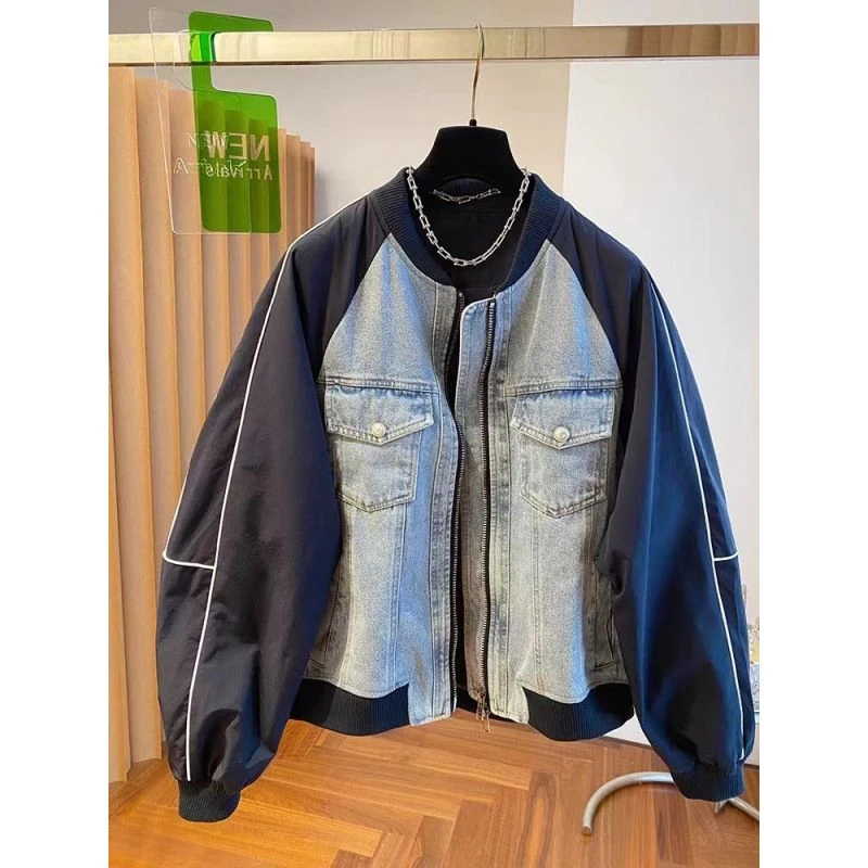 韩系棒球服夹克上衣女春秋宽松立领明线外套牛仔拼接秋季女上衣