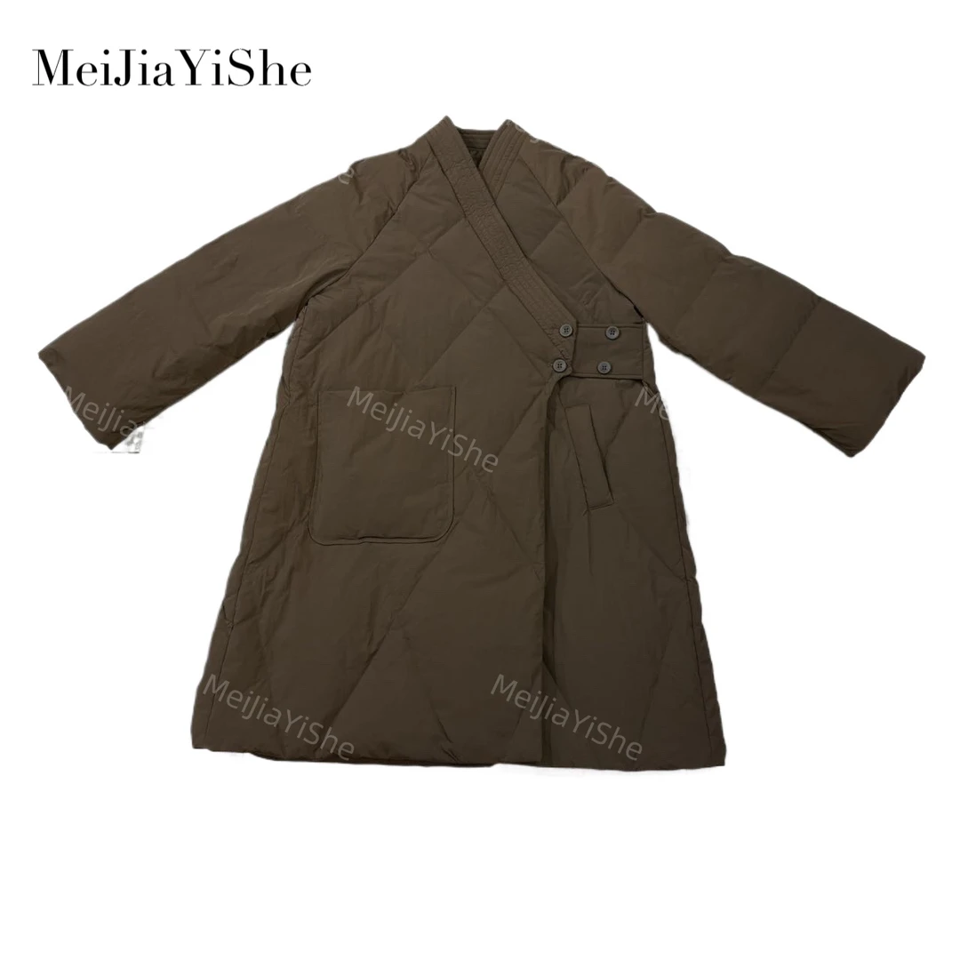 梅家2024新款小众时尚斜襟文艺长款羽绒服