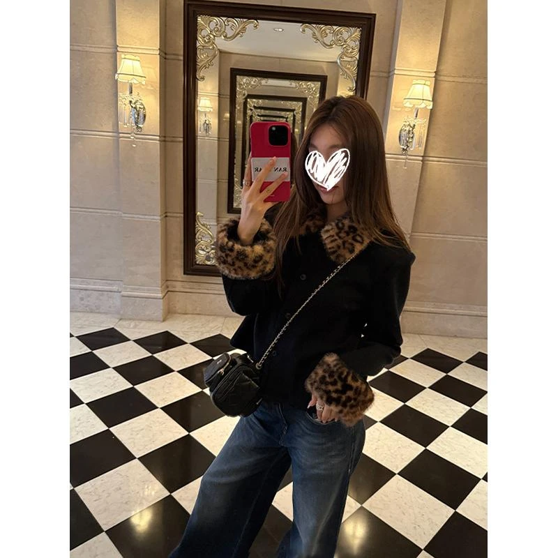 小众设计感豹纹毛领拼接单排扣短款外套黑色长袖上衣