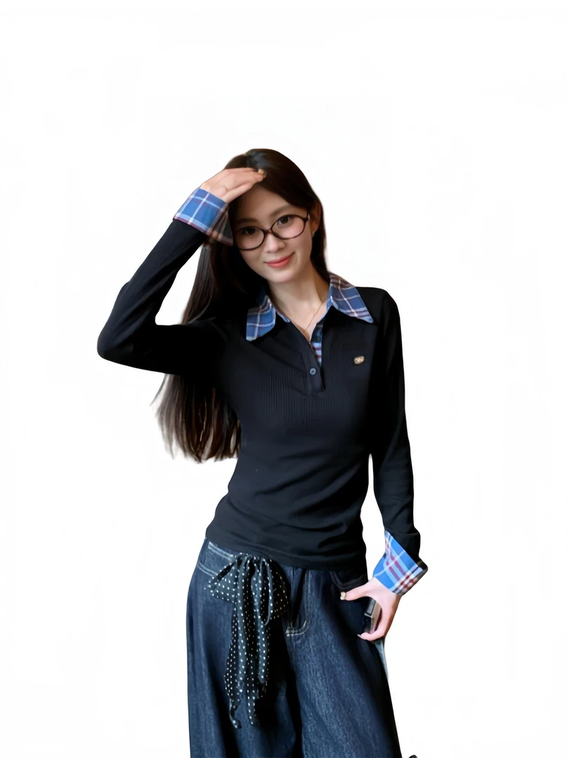 小众假两件格子拼接翻领长袖T恤女小个子修身内搭上衣