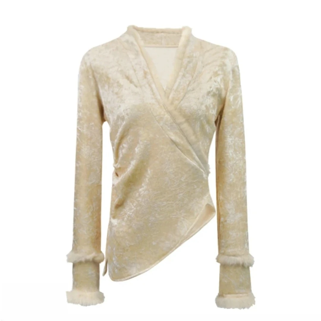 新中式国风轻奢不规则毛边拼接开叉加厚衬衫女冬季收腰上衣