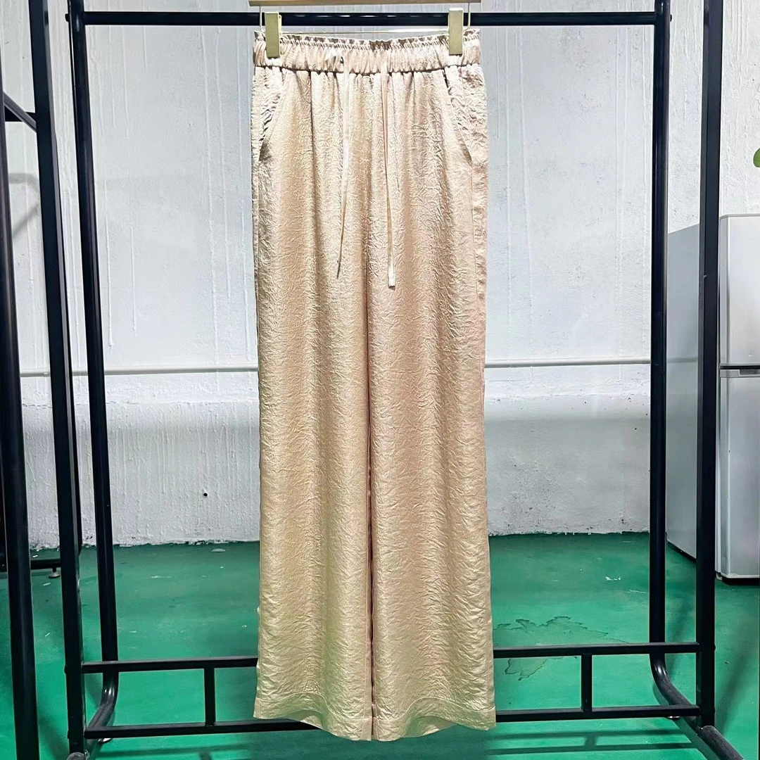 【100%醋酸褶皱直筒显瘦窄版直筒裤夏季必备行走的空调裤舒适女裤