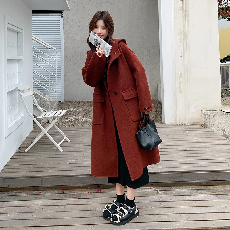 安可拉红连帽双面羊绒大衣女2024冬季新款高级感宽松牛角扣呢大衣