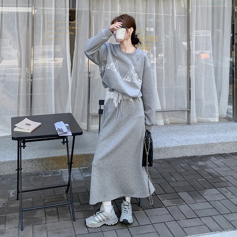 蕾丝拼接灰色卫衣休闲运动套装裙女春秋韩版绝美独特设计感两件套