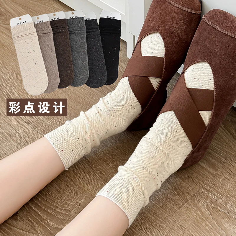 秋冬季新款女士袜子彩点纱中筒袜时尚百搭棉袜简约透气柔软吸汗咖