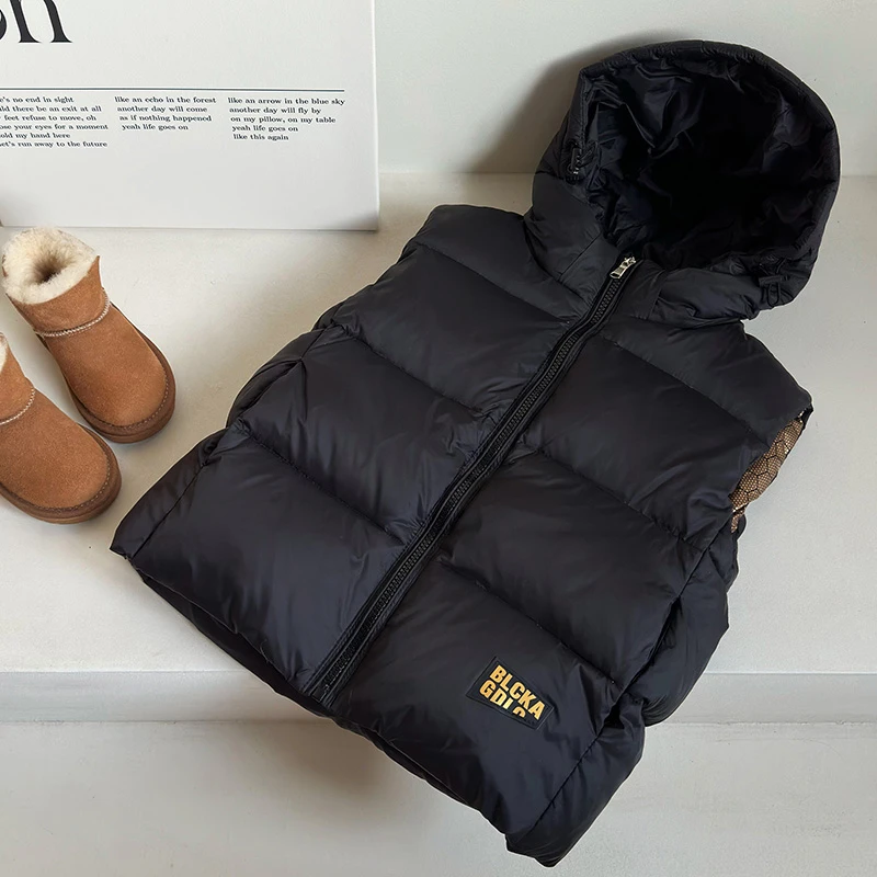 2024儿童黑金加厚羽绒服连帽马甲男童外穿加厚坎肩女童白鸭绒背心