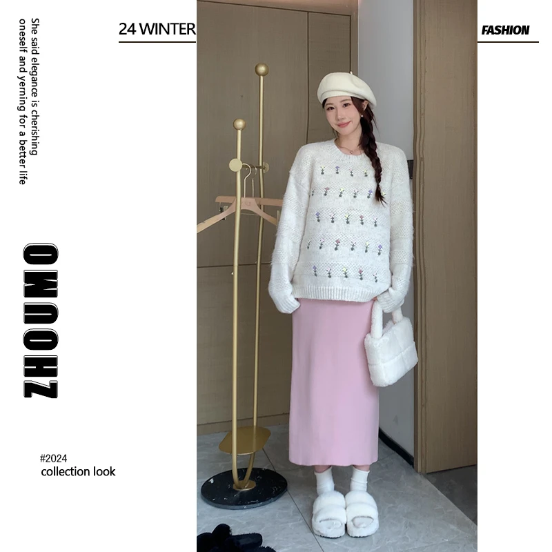 沫沫严选●孕妇2024年新款刺绣小花针织毛衣搭配孕妇针织半身裙