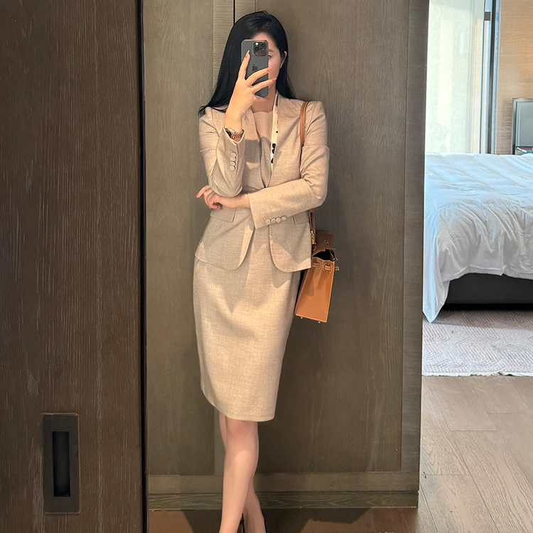 燕麦色西装连衣裙两件套显瘦气质时尚修身职业（不含腰带）-2739