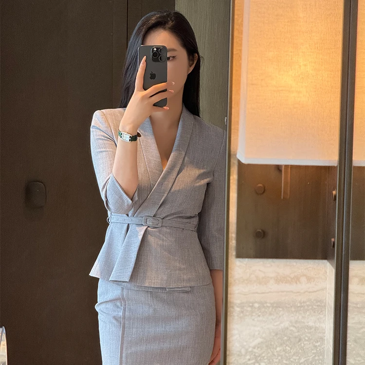 立裁挺括腰带收腰显瘦西装开衩半身裙职业两件套装修身时尚-2819