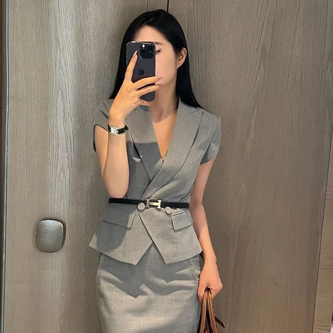 夏季浅灰套装女西装气质时尚西服职业女神范轻奢显瘦-1752