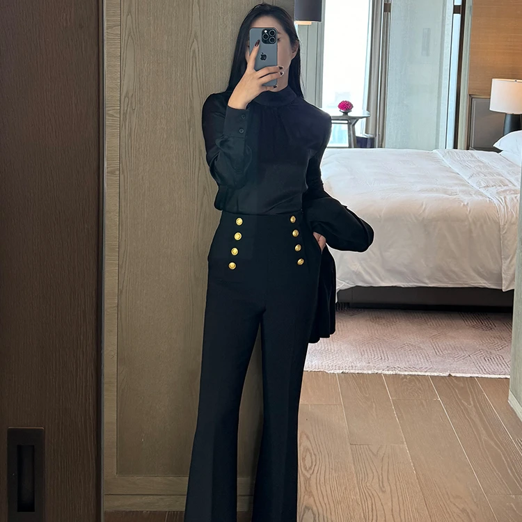 黑色垂感高腰双排扣西装气质微喇休闲长裤显瘦时尚百搭修身-2770