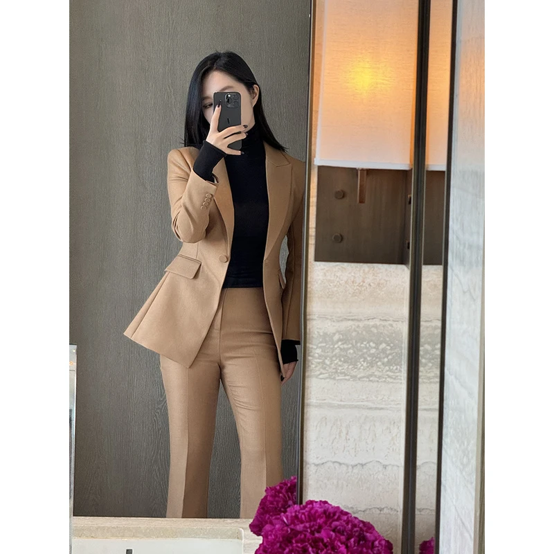 率感CHILL飒 驼色一粒扣西装马甲长裤三件套装-3261