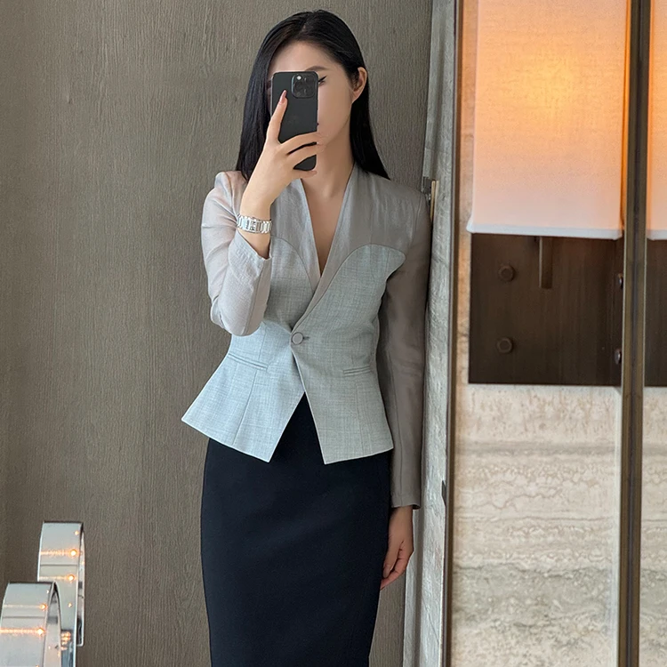 2399-灰色法式褶皱肌理V领网纱微透长袖西装半身裙两件套套装