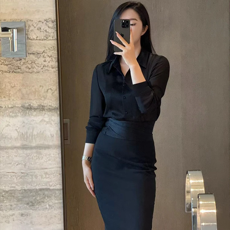 2101-洒脱黑色翻领拼接长袖衬衫套装显瘦气质高腰时尚修身女神