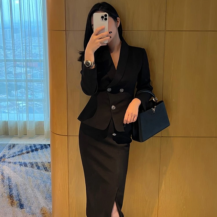 1540-黑色西装套装外套半裙两件套时尚修身法式职业高级长袖气质