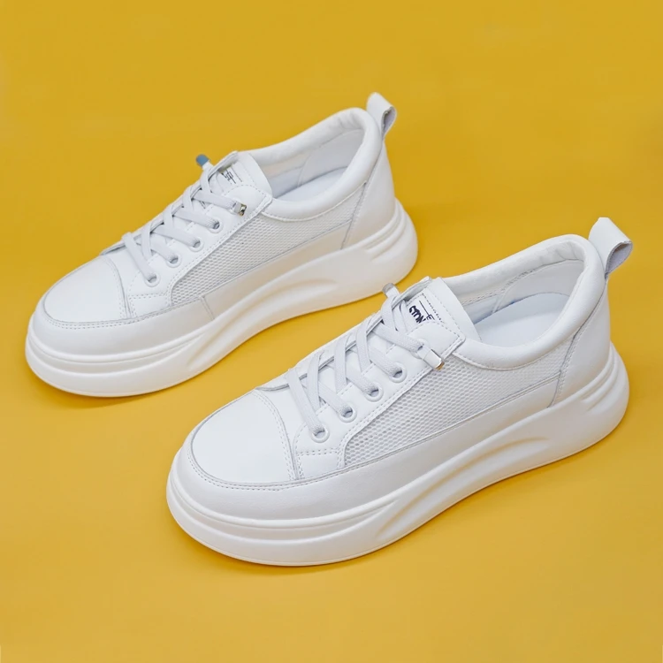 牛皮小白鞋女春夏新款百搭增高厚底一脚蹬女鞋透气网面女士休闲鞋