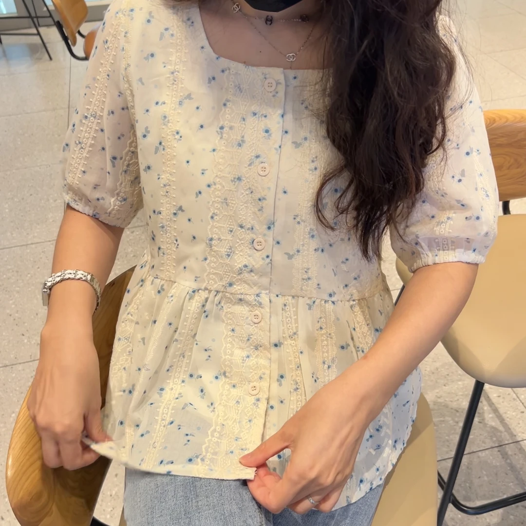 上衣碎花显瘦气质洋气小众方领甜美设计感刺绣短袖开衫