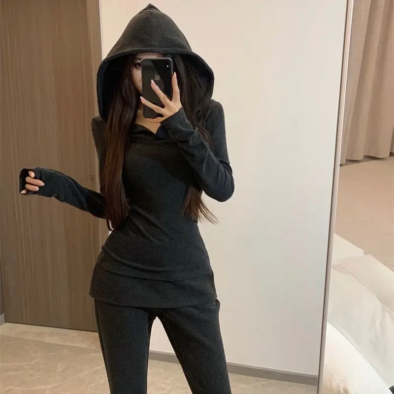美式深灰色修身连帽卫衣上衣女装冬季高腰微喇裤休闲裤辣妹长裤
