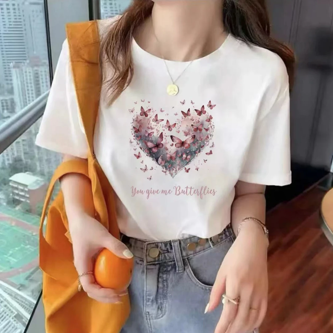 夏季短袖男女休闲透气时尚百搭圆领印花T恤 蝴蝶心