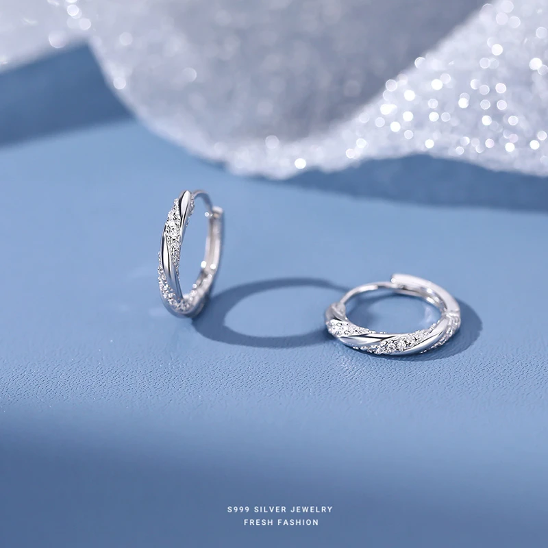 足银耳饰 S999足银纽带耳扣镶钻