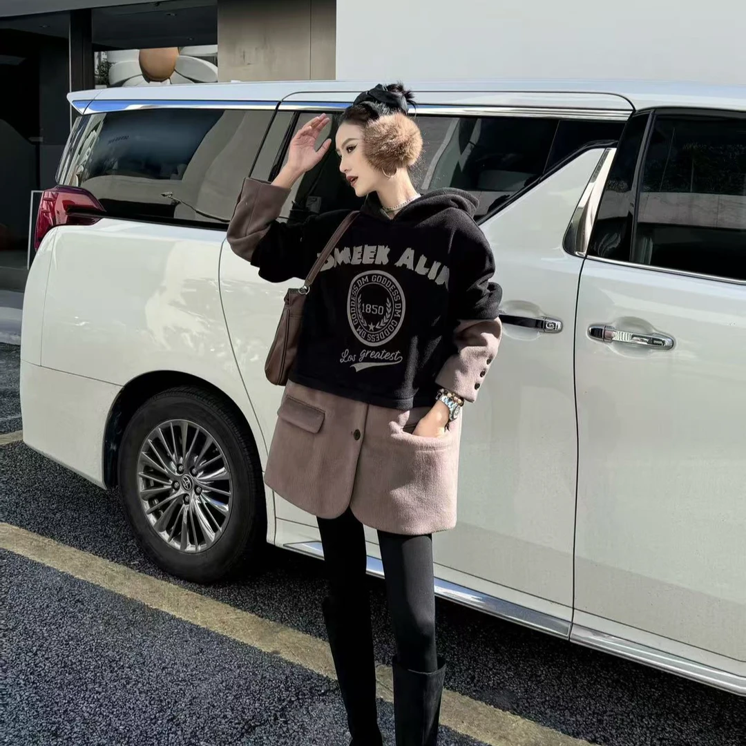 【XILIN ALIN 怡馨 】女士秋冬加绒连帽卫衣宽松休闲百搭拼接上衣