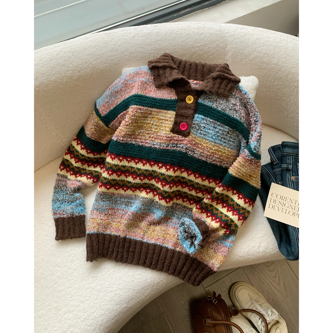 小个子圆圆HP105复古针织拼色圣诞毛衣宽松保暖冬季加厚外套女