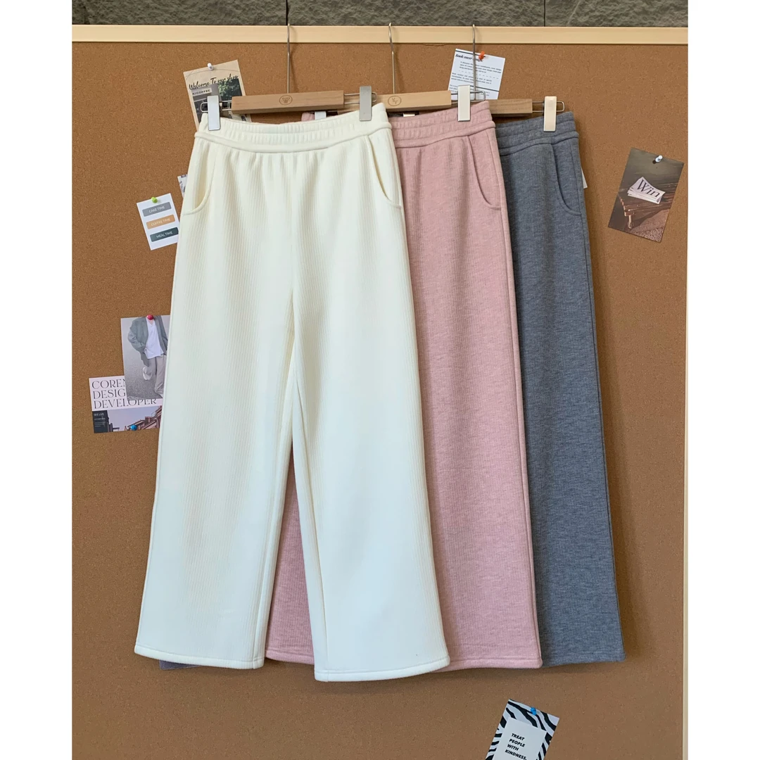 小个子圆圆241102竖坑条显瘦直筒加绒卫裤百搭保暖加厚休闲裤女