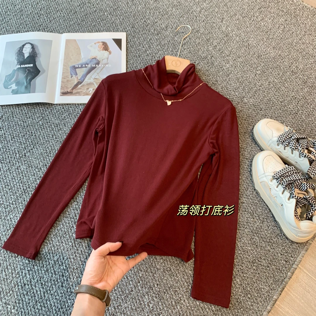 小个子圆圆241016超显白酒红色高领纯色打底衫长袖宽松百搭上衣女