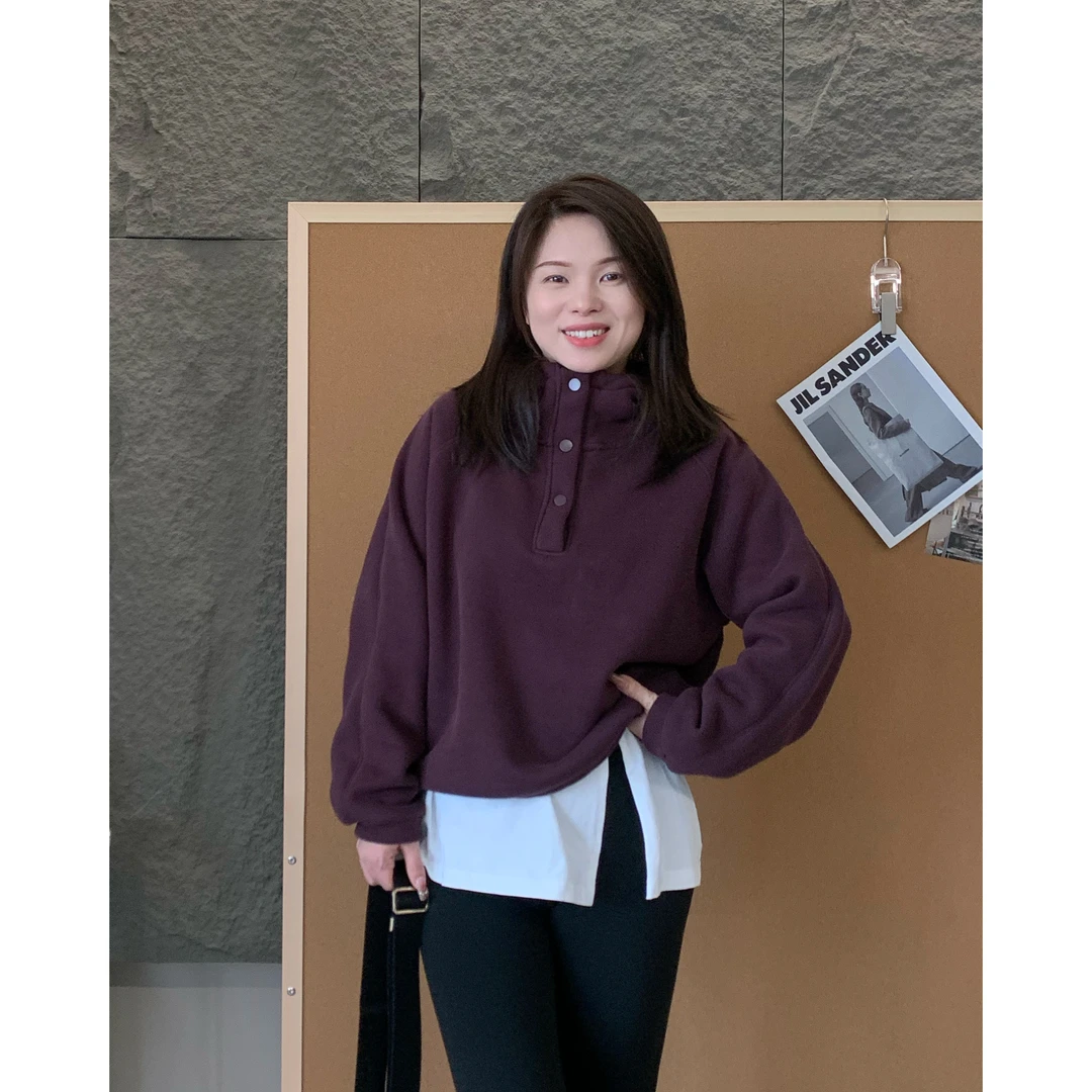 小个子圆圆AG003简约高级感纯色百搭加绒连帽卫衣短款宽松上衣女