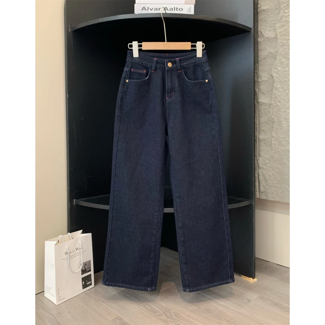 小个子圆圆Y136冬季新款植绒直筒牛仔裤高腰显腿长百搭休闲裤