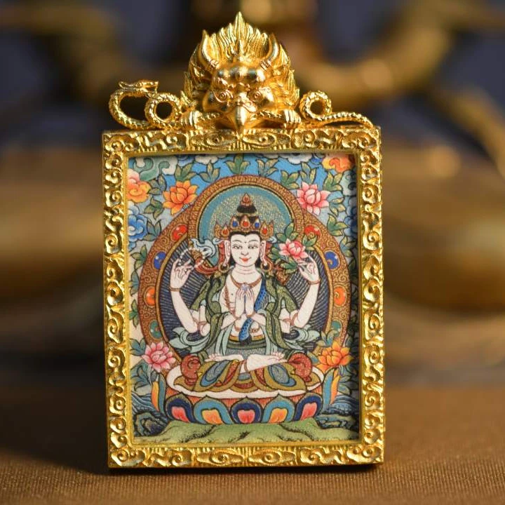 青海热贡手绘绘唐卡画四臂观音唐卡画