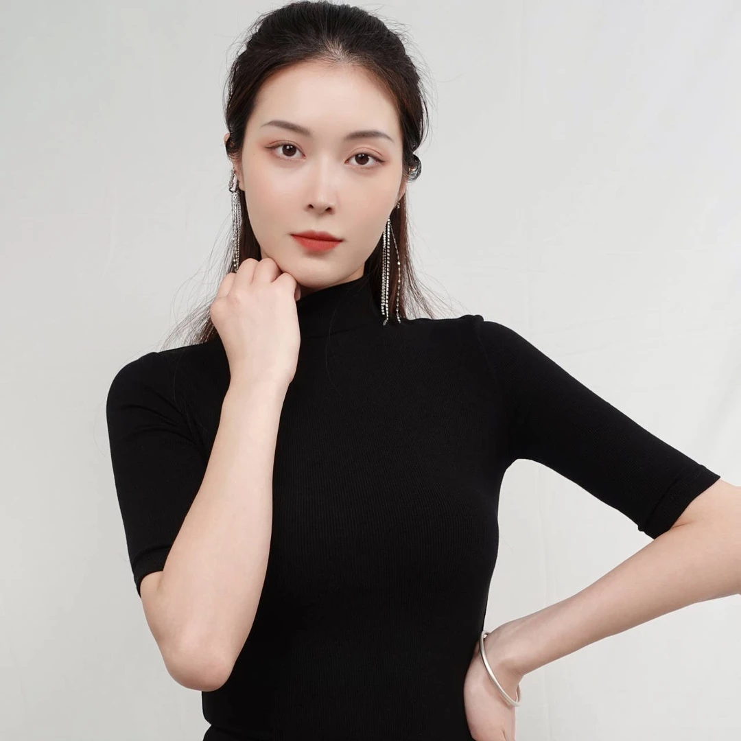 一代风华半高领五分袖针织衫女修身显瘦内搭打底毛衣气质短袖上衣