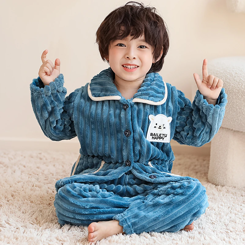 冬款儿童法兰绒睡衣女童宝宝男童家居服女孩加厚男孩珊瑚绒套装