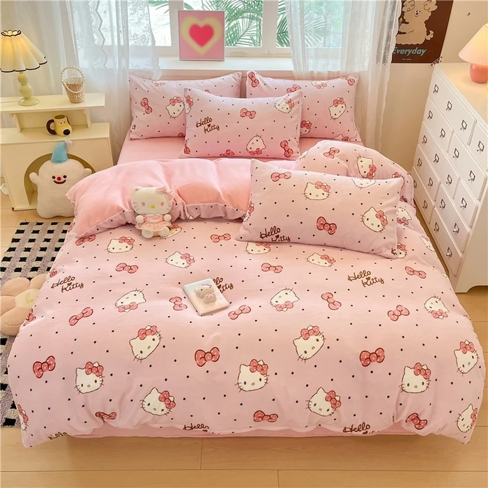 A类高克重牛奶绒四件套蝴蝶结kt猫可爱加厚小清新被套