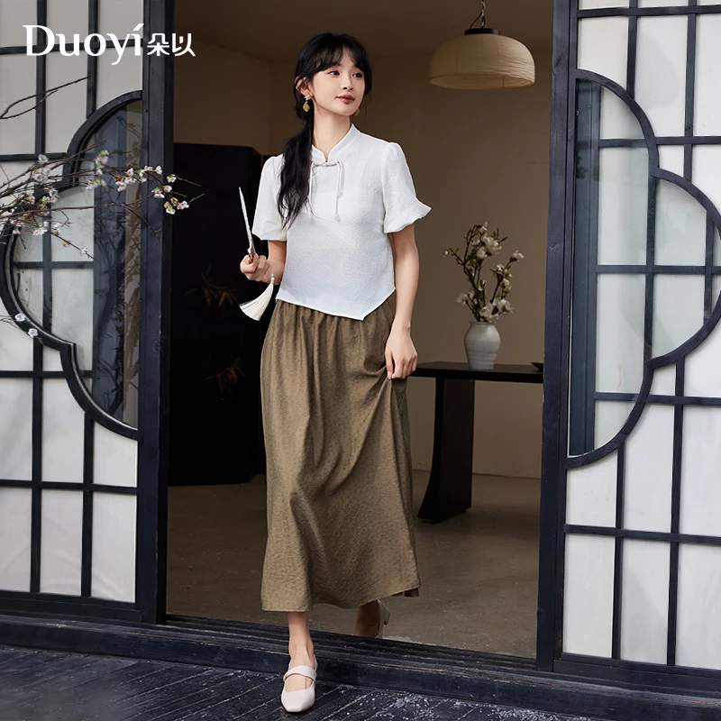 朵以2024夏季新款新中式立领上衣中国风高腰半身裙套装39VX837055