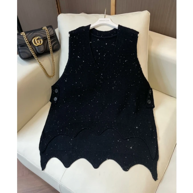 【蕾蕾】满天星V领马夹女士新款宽松叠穿坎肩无袖韩版马甲9120