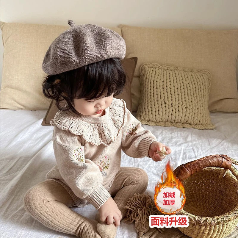 2024春秋装婴儿针织荷叶领长袖哈衣女宝宝绣花毛线包屁衣毛衣爬服
