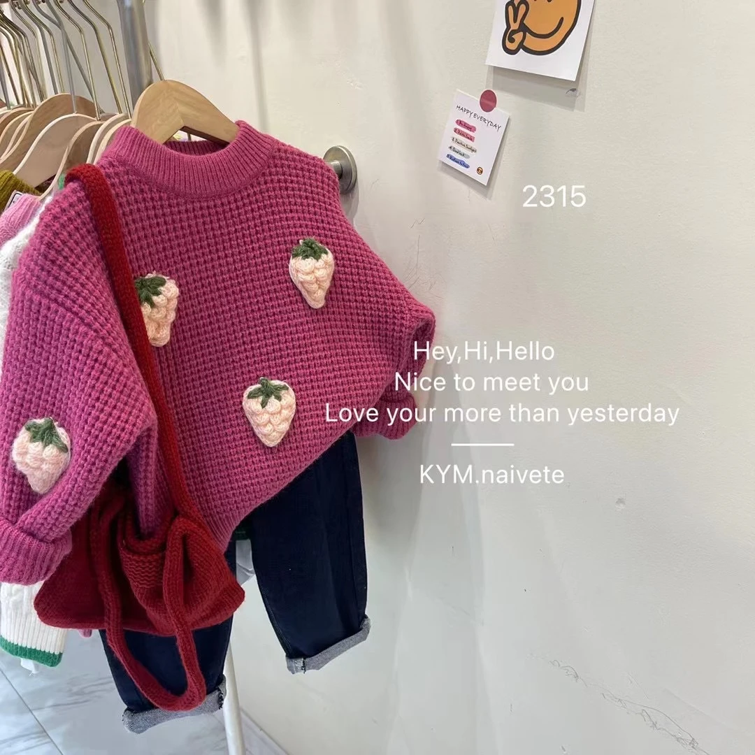 女童秋冬款立体草莓重工加绒甜美加厚女宝针织圆领洋气毛衣打底衫