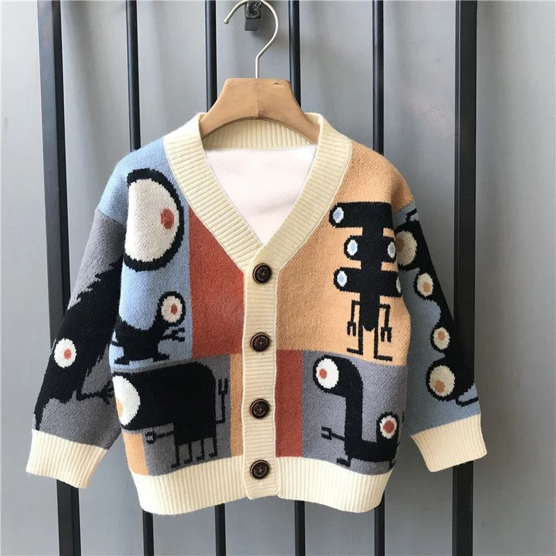 童装男童外套2025春秋冬新款针织衫毛衣卡通上衣加绒加厚毛衣男童