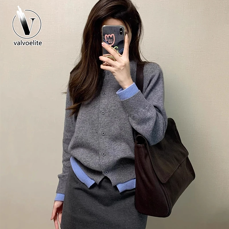 VALVOELITE灰色假两件针织开衫外套女春秋季韩版外搭毛衣撞色上衣