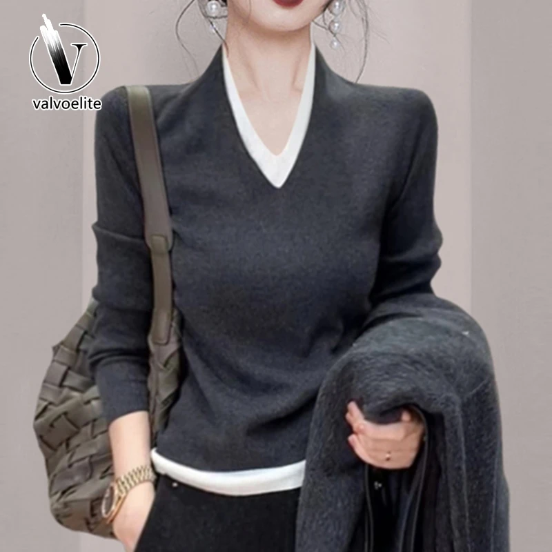 VALVOELITE时尚高级修身百搭针织衫女春款设计假两件别致洋气衬衣