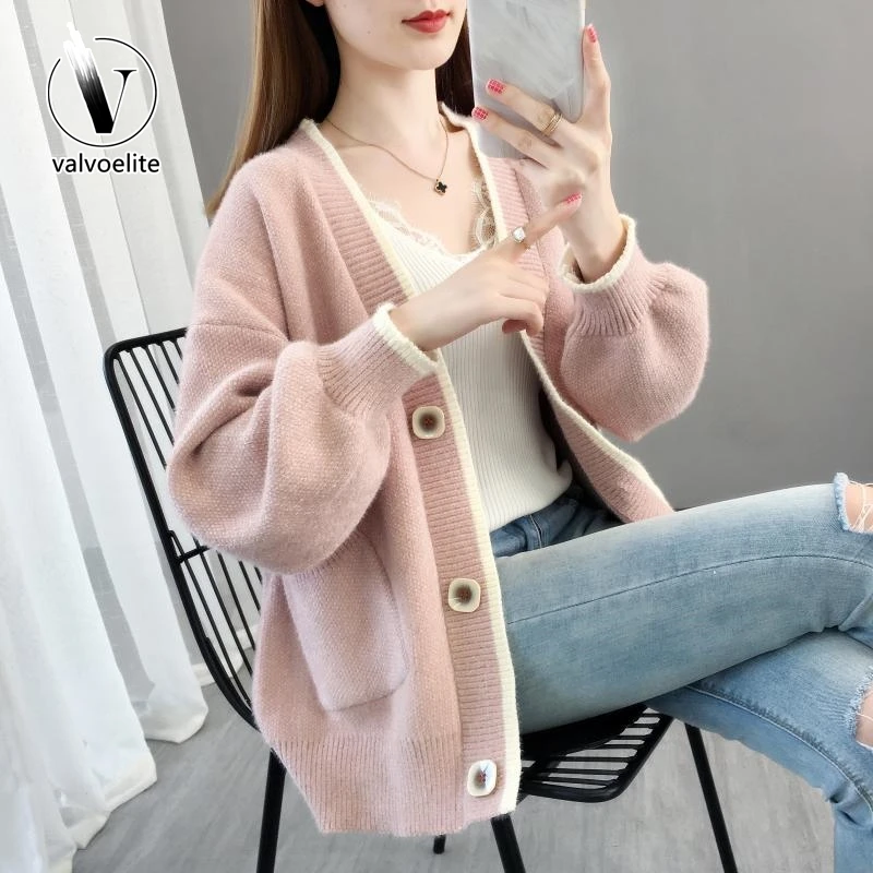 VALVOELITE毛衣外套女开衫宽松秋冬新款韩版加厚中长款外搭针织衫