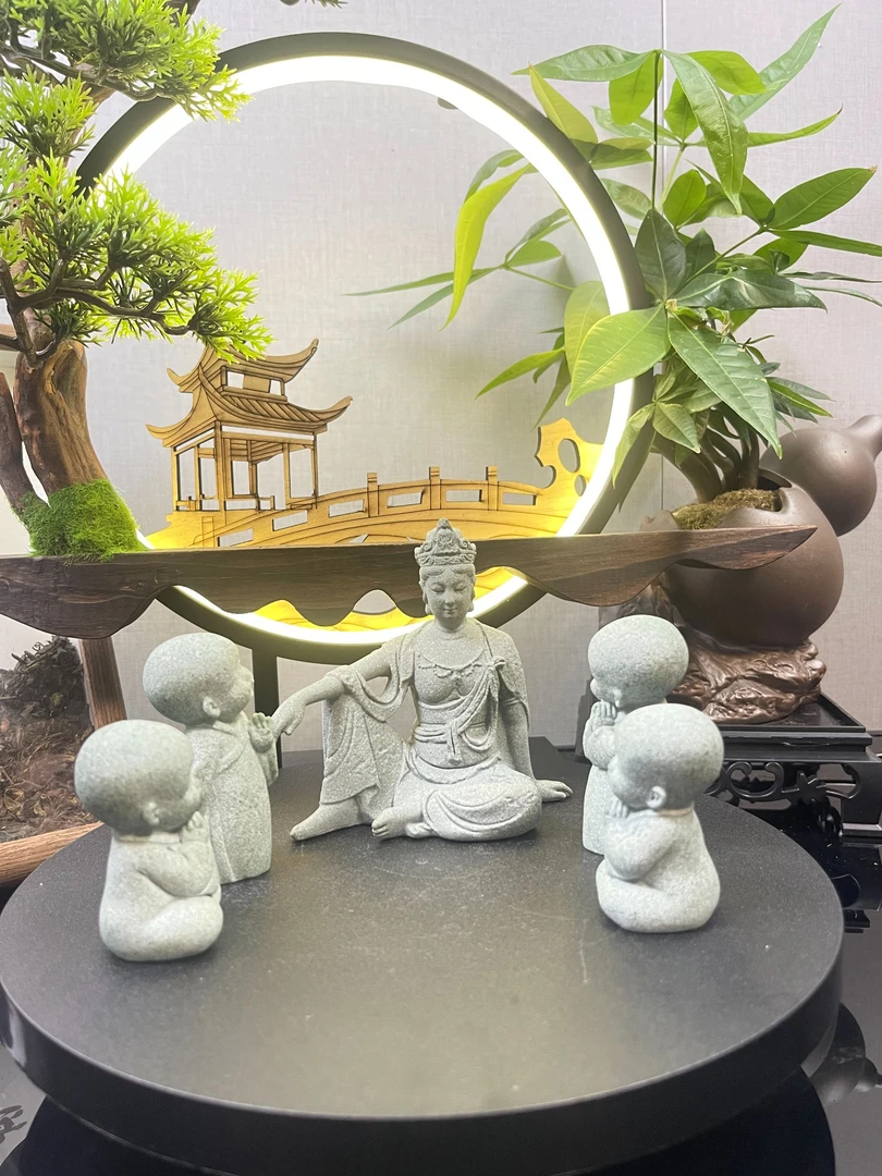 水月观音小沙弥组合套装观音鱼缸造景摆件假山庭院微景观家具装饰