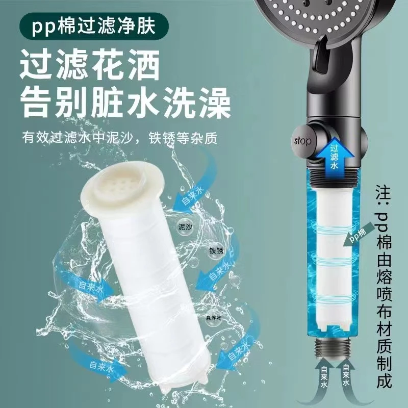 【新款带过滤黑五式过滤一键止水 加强水压 五档出水模式花洒喷头