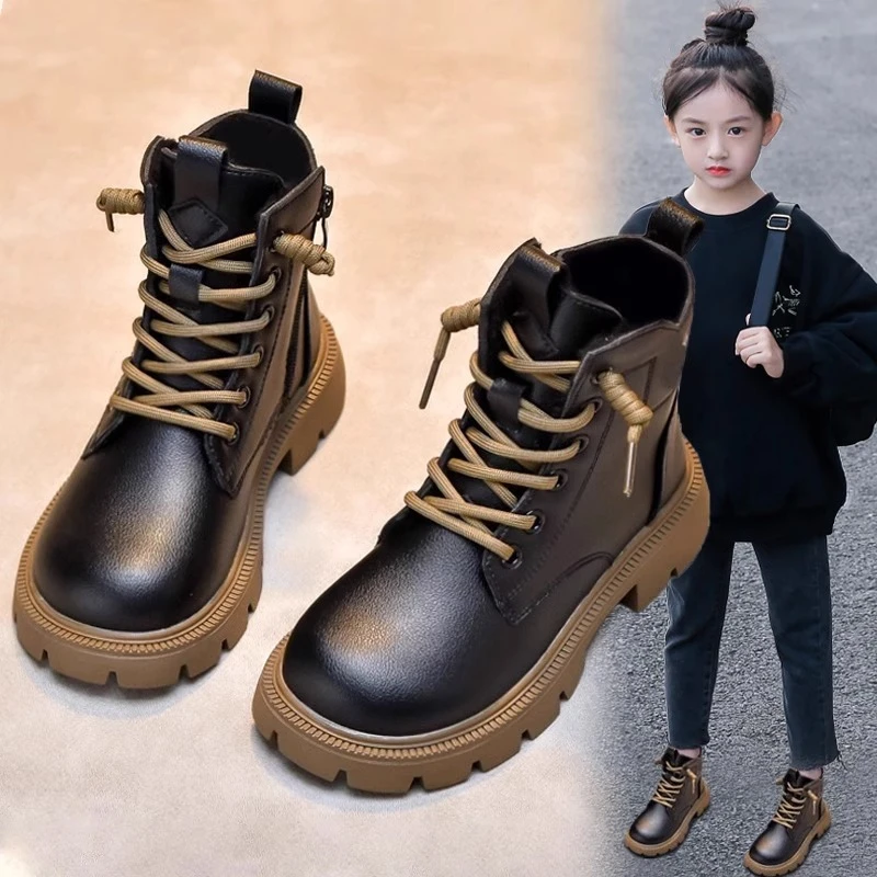 ABC女童马丁靴短靴2025秋冬季男童百搭英伦风单靴加绒保暖棉靴子