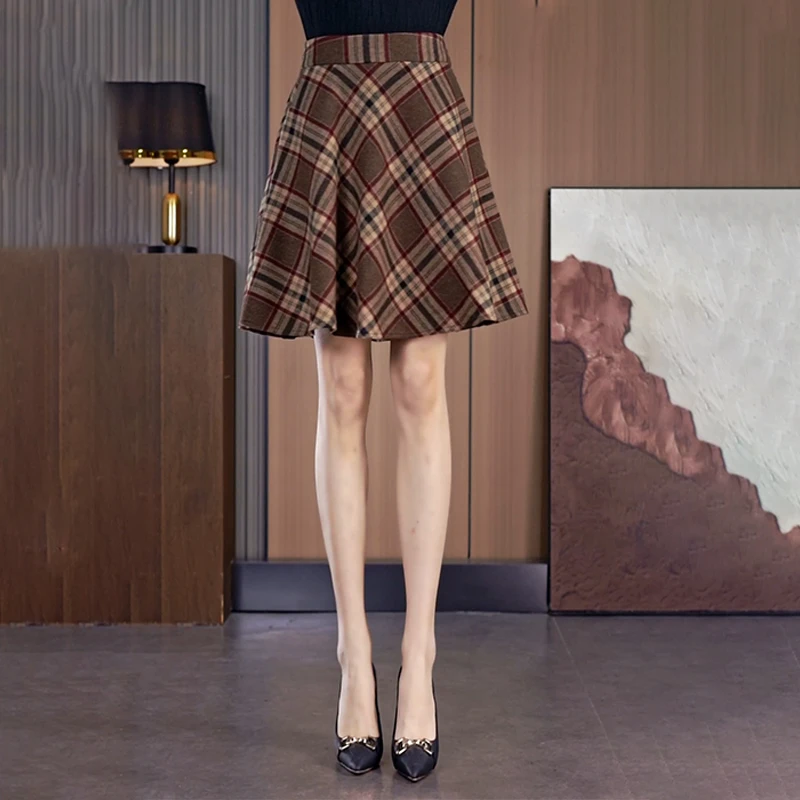 格子高腰复古半身裙女2024秋季新款高腰显瘦A字裙小个子百褶裙
