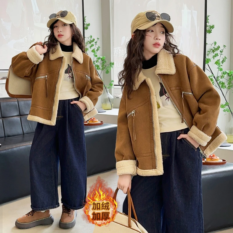 女童复古皮毛一体加厚外套秋冬2025新款中大童洋气女孩保暖上衣潮