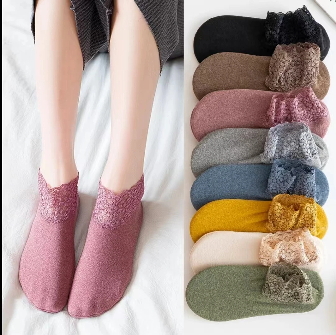 短筒花边镂空蕾丝袜女士防滑硅胶船袜秋冬加厚低帮松口月子地板袜