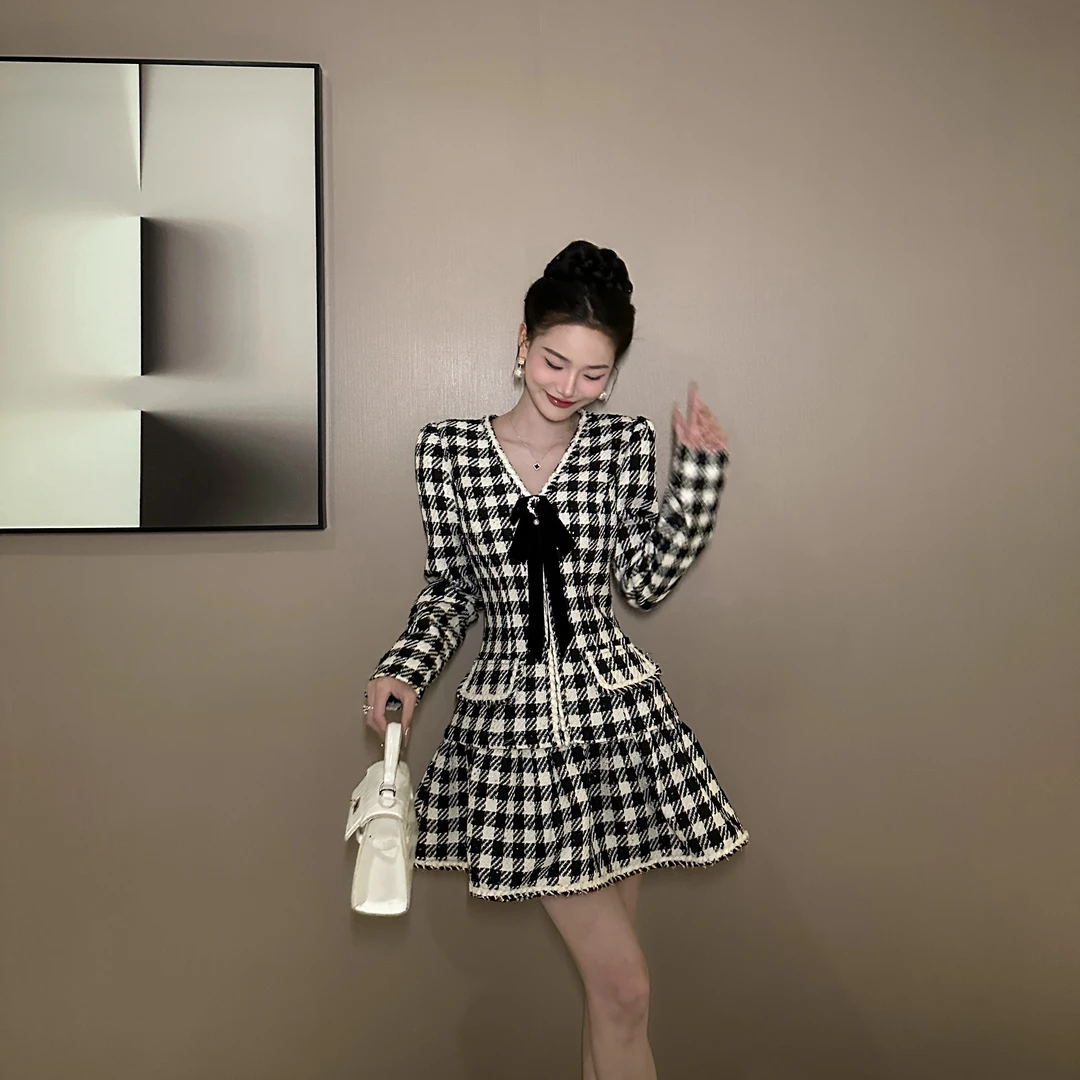 【花花原创】千鸟格连衣裙气质显瘦法式收腰名媛小香风时尚21509
